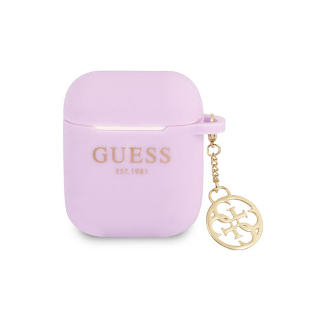 Image of Guess - AirPods (1. & 2. Generation) Silikon Schutzhülle + Logo Anhänger (GUA2LSC4EU) - Lila / Gold bei Apfelkiste.ch