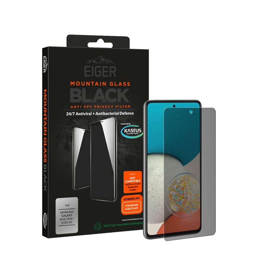 Image of Eiger - Samsung Galaxy A53 5G / A52s 5G / A52 (5G) Antibakterielle Antivirale Mountain Black Privacy 3D Panzer Glas Case Friendly (EGMSP00230) bei Apfelkiste.ch