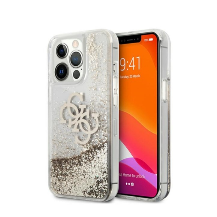 Image of Guess - iPhone 13 Pro Hardcase Hülle Liquid Glitter Big 4G (GUHCP13LLG4GGO) - Gold / Transparent bei Apfelkiste.ch