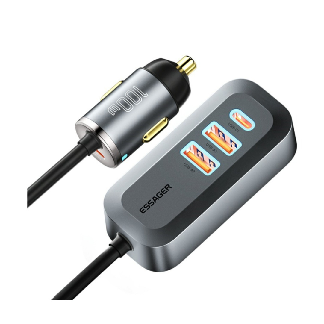 Image of Essager - (100W) Universal Dual USB / USB C HUB KFZ Auto Ladegerät inkl. 1.5m Kabel - Grau bei Apfelkiste.ch