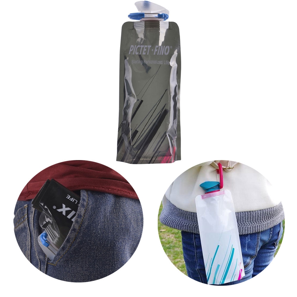 (700ml) Faltbare Trinkblase Tragbare Trinkflasche Wasserbeutel mit Karabiner - Schwarz