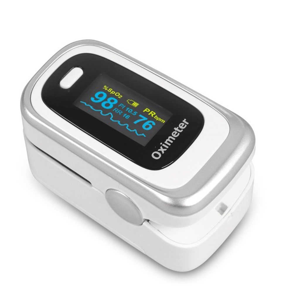 Image of Finger Pulsoximeter Sauerstoff (SpO2) Pulsfrequenz Messgerät mit OLED Anzeige (Batteriebetrieben) - Weiss / Silber bei Apfelkiste.ch