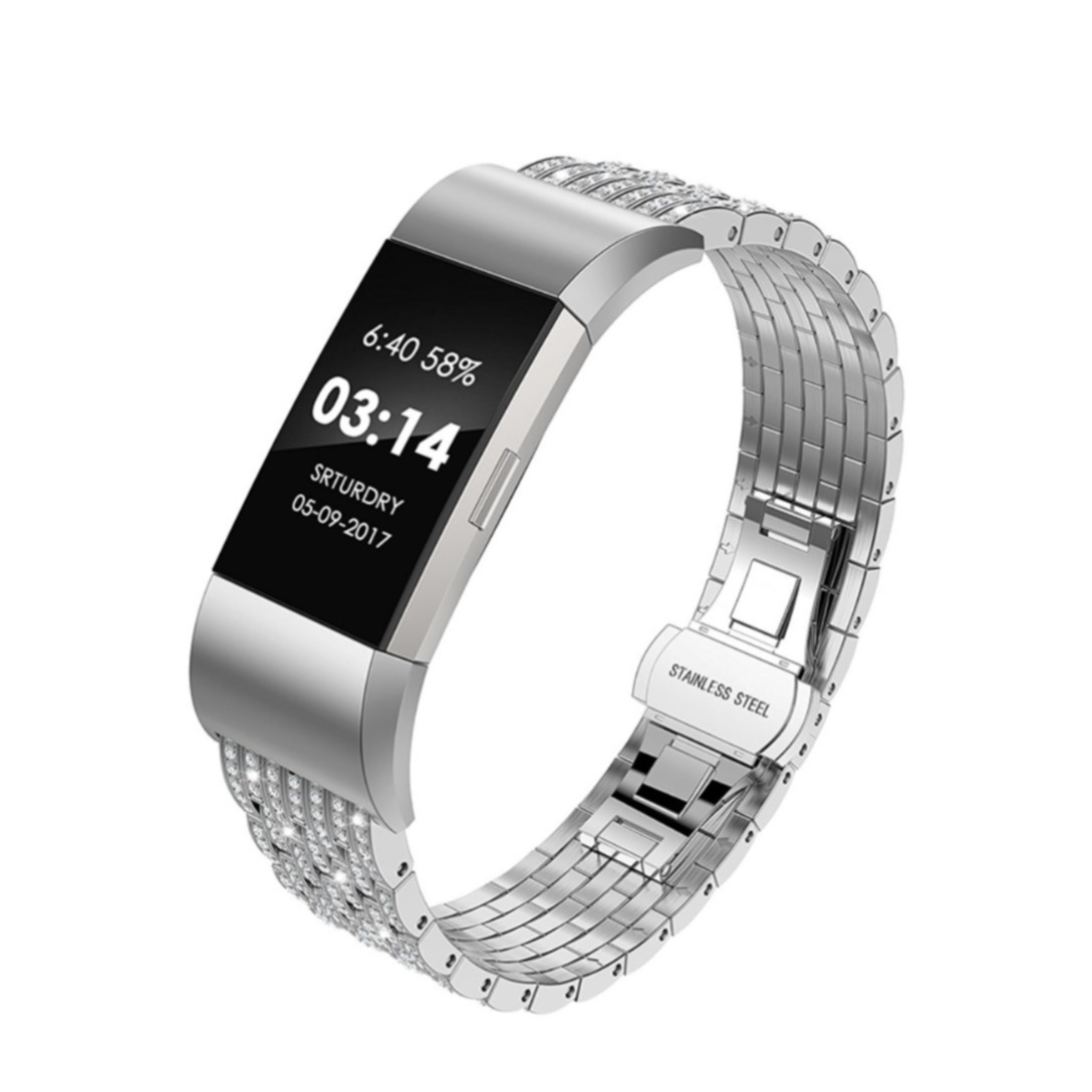 Image of Fitbit Charge 2 Deluxe Edelstahl Armband im Diamant Look mit Butterfly Verschluss - Silber bei Apfelkiste.ch