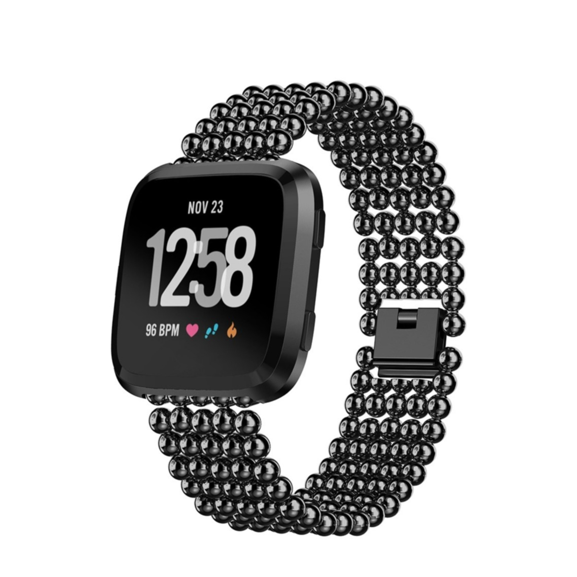Image of Fitbit Versa / Versa 2 / Versa Lite Edelstahl Armband Perlendesign mit Faltschliesse - Schwarz bei Apfelkiste.ch