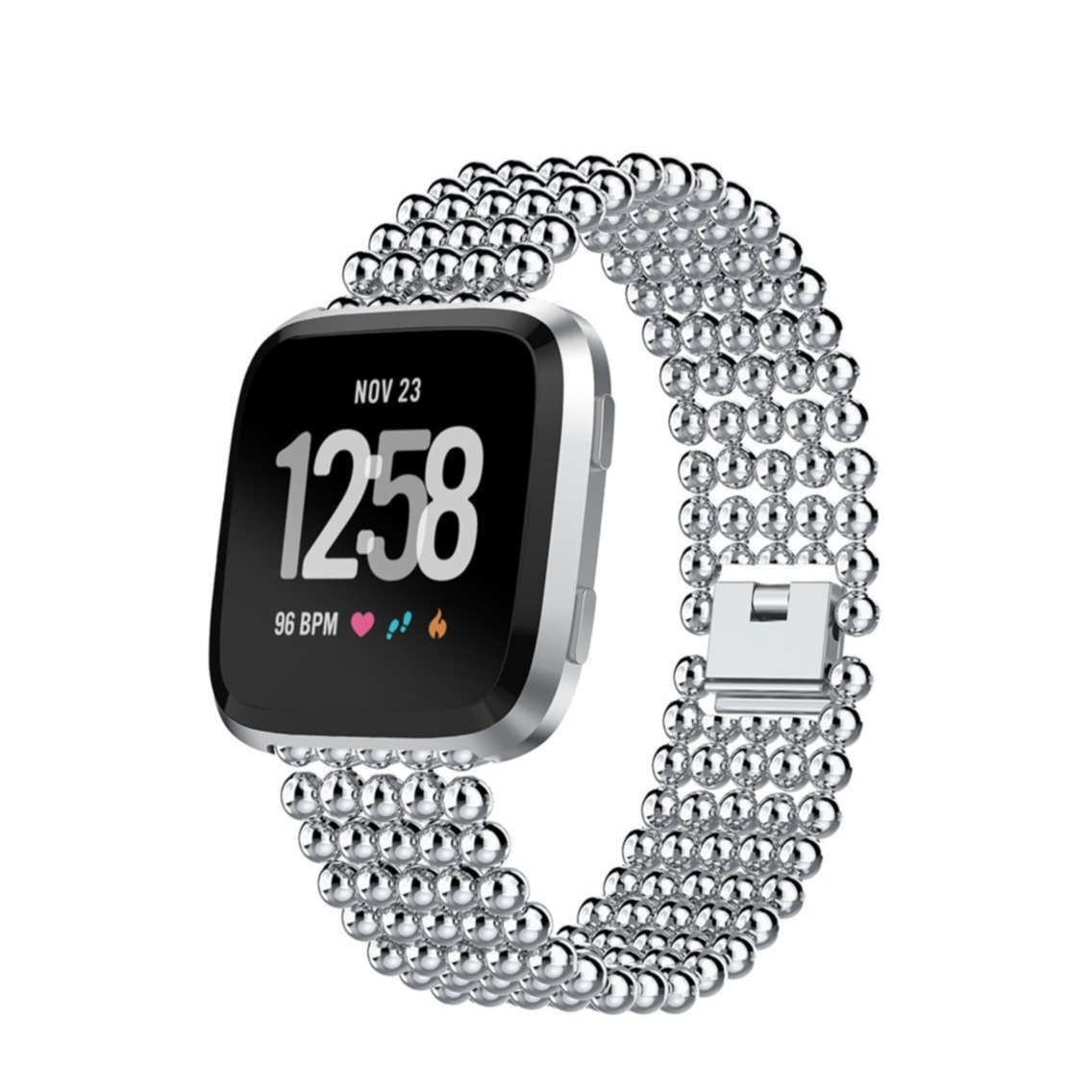 Image of Fitbit Versa / Versa 2 / Versa Lite Edelstahl Armband Perlendesign mit Faltschliesse - Silber bei Apfelkiste.ch