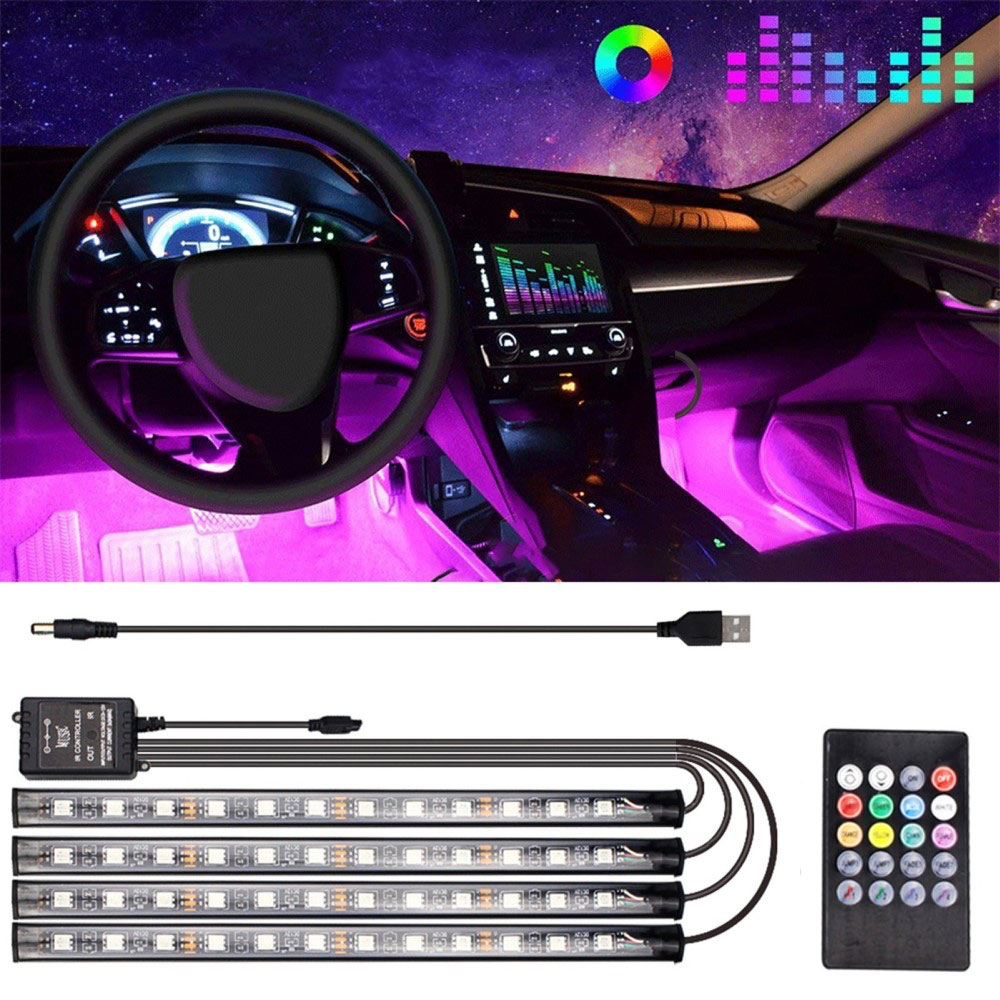 (4er Set) 48 LEDs Auto Licht Streifen RGB Fussraumbeleuchtung für KFZ  Innenraum mit Sound Control + Fernbedienung - USB A
