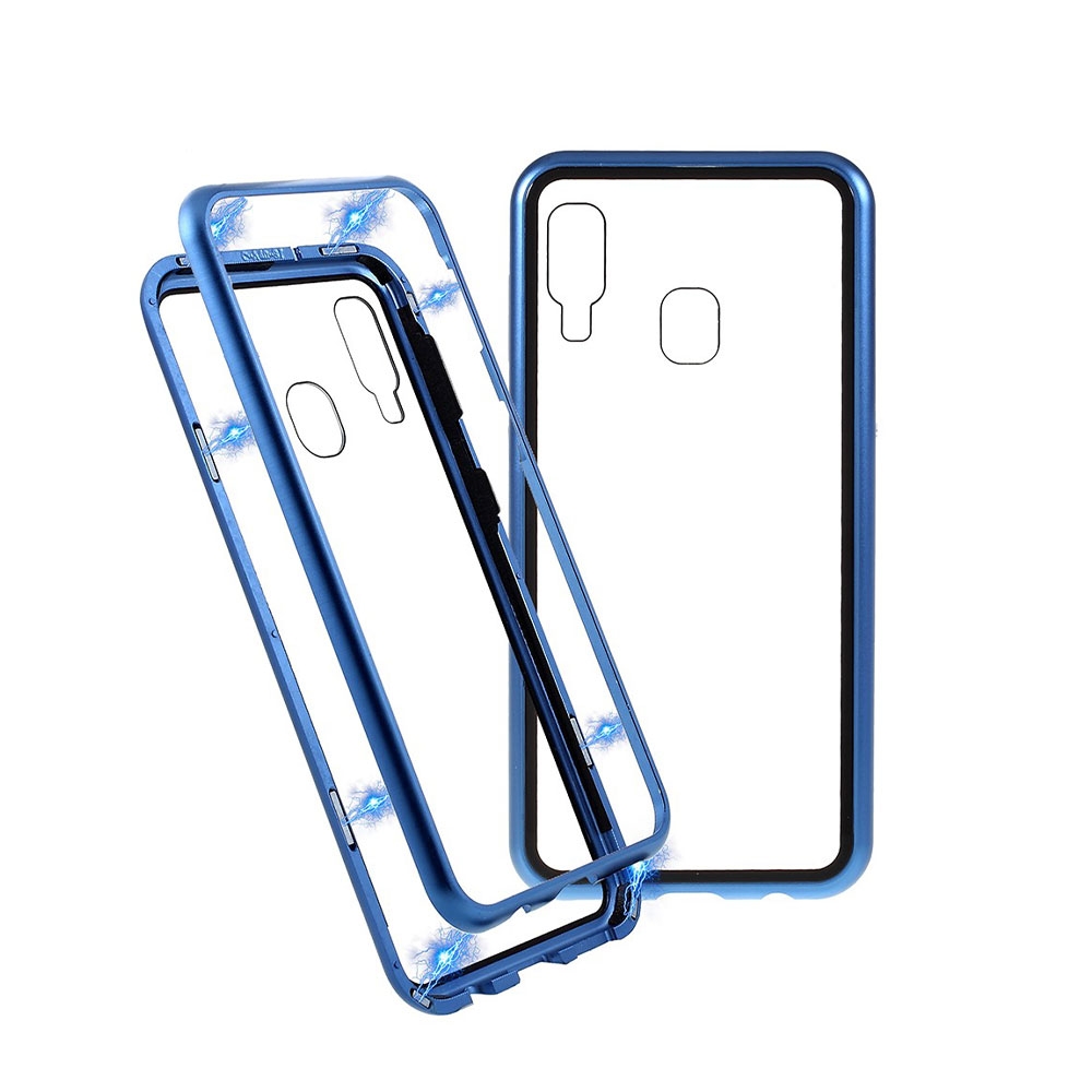 Samsung Galaxy A20e Magnetische Alu Schutzhülle mit Panzer Glas Backcover (Magnet-Technologie) - Blau