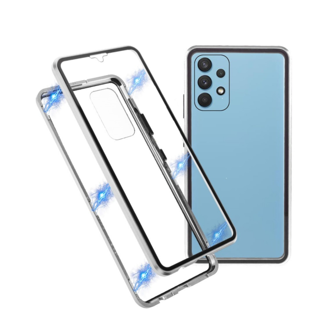 Image of Samsung Galaxy A32 (4G) Magnetische Alu Schutzhülle mit Panzer Glas Backcover + Displayschutz (Magnet-Technologie) - Silber bei Apfelkiste.ch