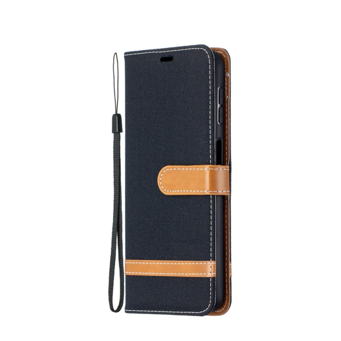 Image of Samsung Galaxy A32 5G Stoff Tasche im Jeans Look mit Kartenfach + Magnetverschluss - Schwarz / Braun bei Apfelkiste.ch