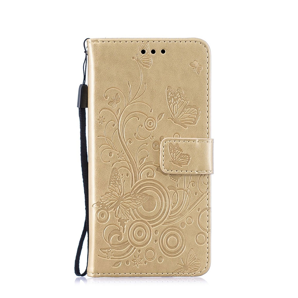 Samsung Galaxy A40 Leder Tasche Flip Cover Schmetterlinge und Blumen - Gold