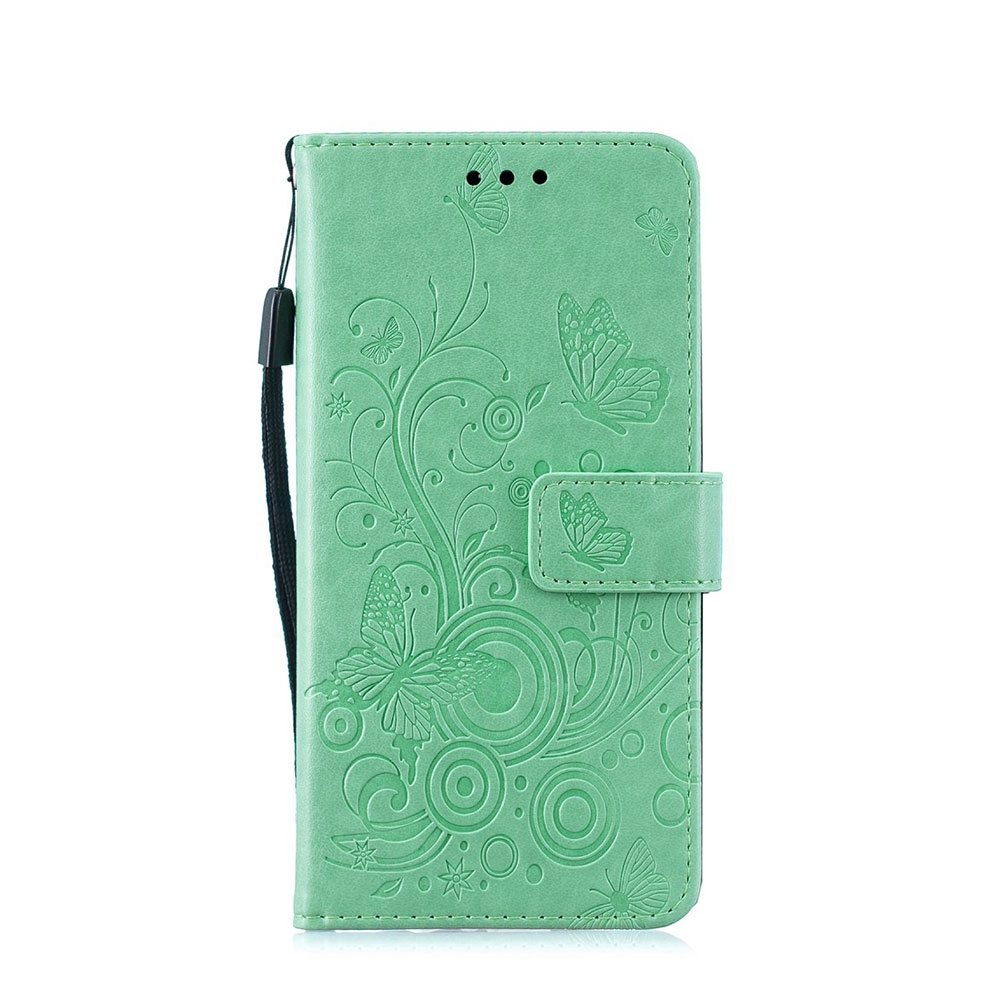 Samsung Galaxy A40 Leder Tasche Flip Cover Schmetterlinge und Blumen - Grün