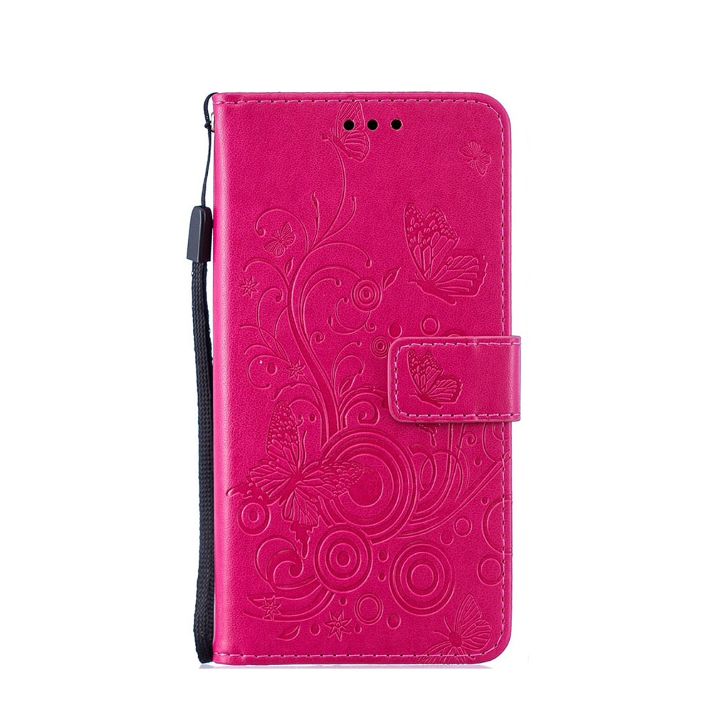 Samsung Galaxy A40 Leder Tasche Flip Cover Schmetterlinge und Blumen - Rot