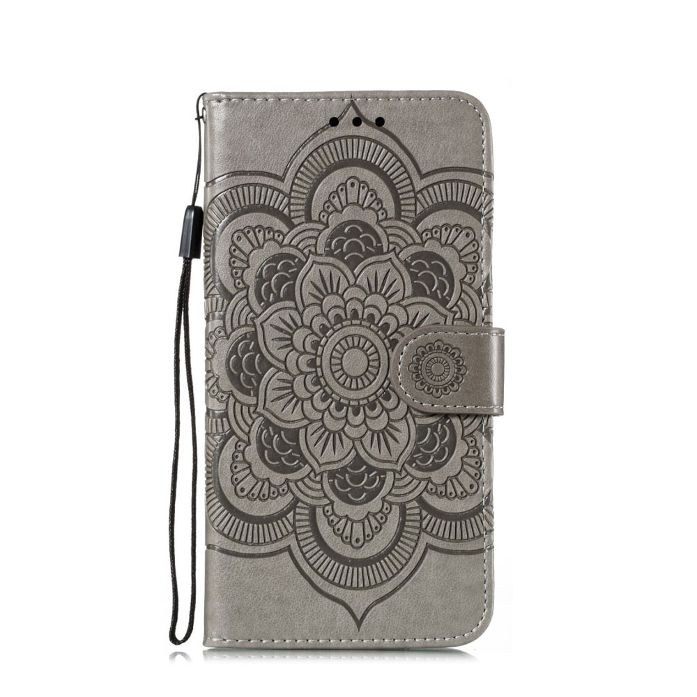 Samsung Galaxy A41 Leder Tasche Wallet - Mandala Flowers - Grau