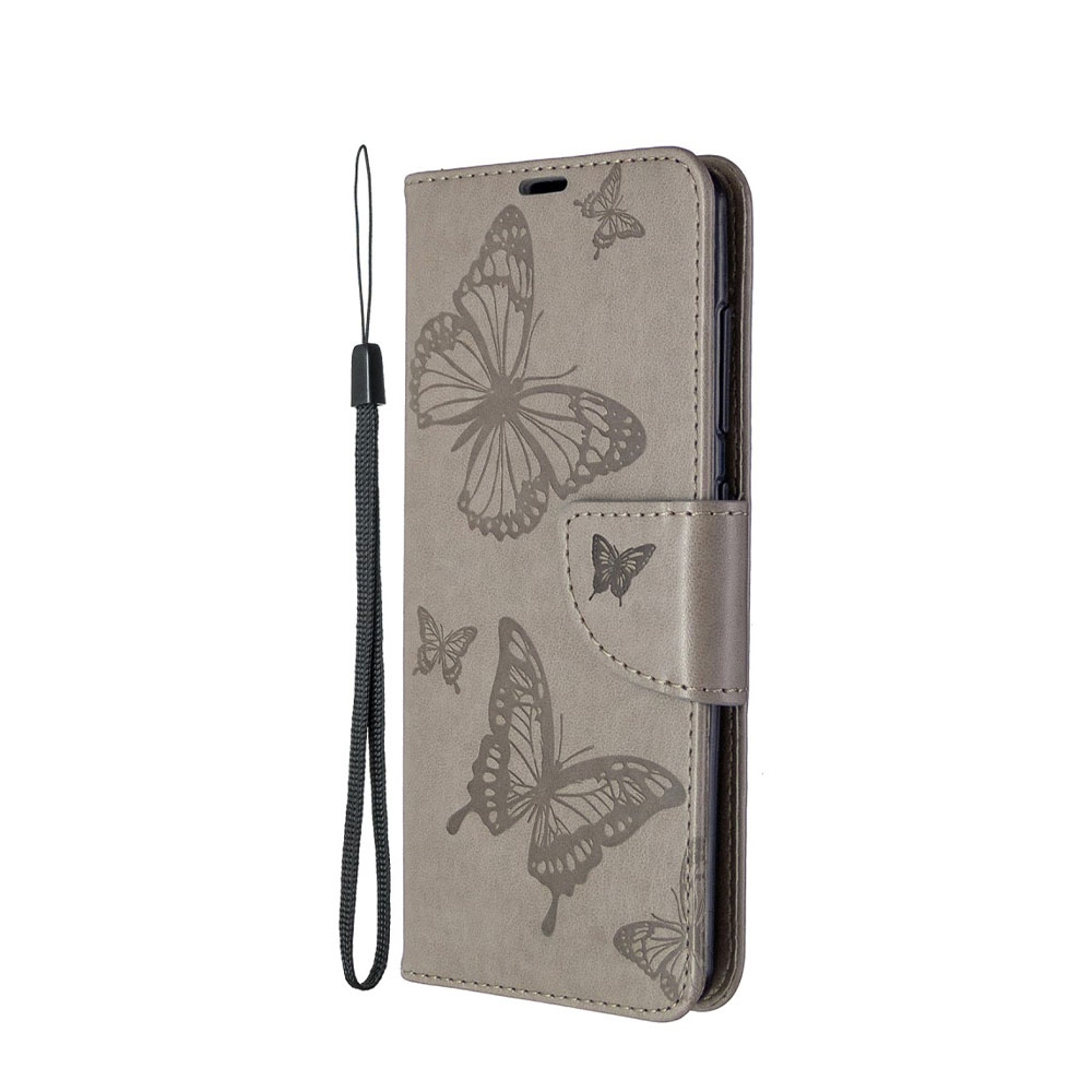 Image of Samsung Galaxy A41 Leder Tasche mit Kartenfach + Handschlaufe Schmetterling - Grau bei Apfelkiste.ch