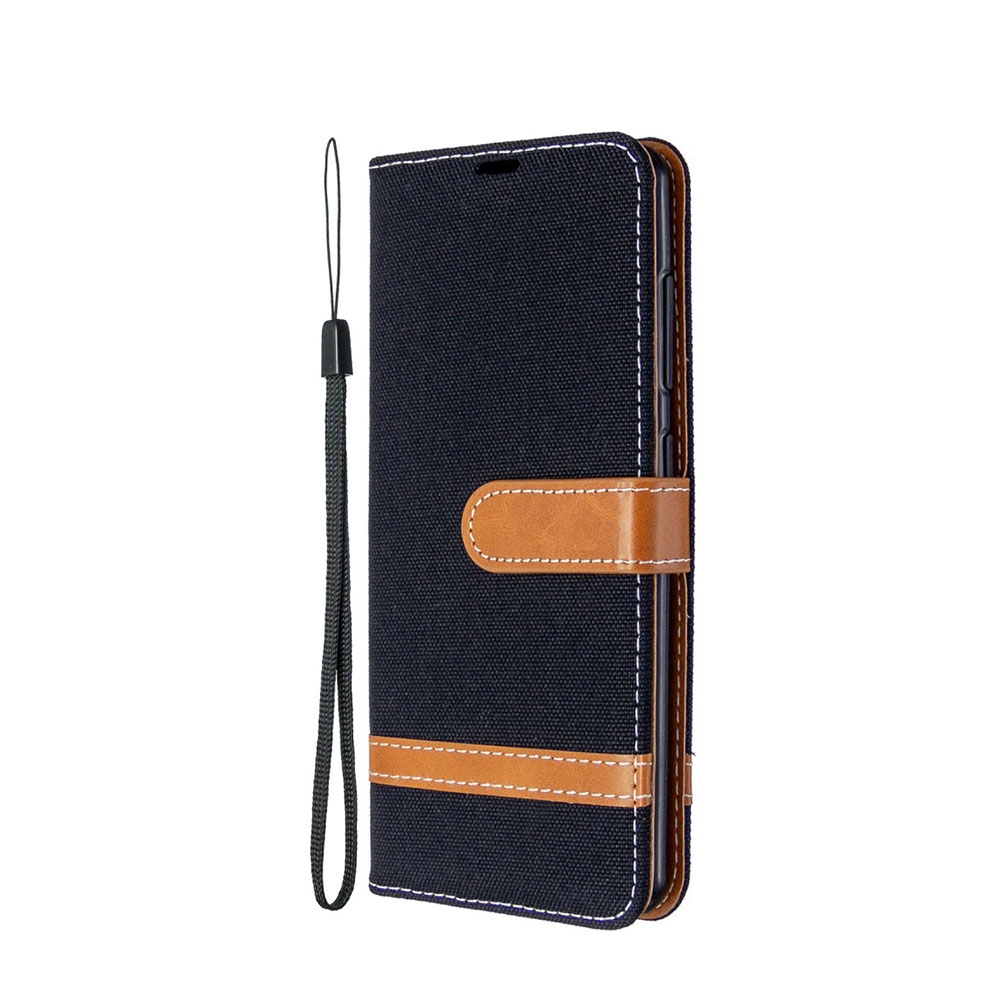Image of Samsung Galaxy A41 Stoff Tasche im Jeans Look mit Kartenfach + Magnetverschluss - Schwarz / Braun bei Apfelkiste.ch