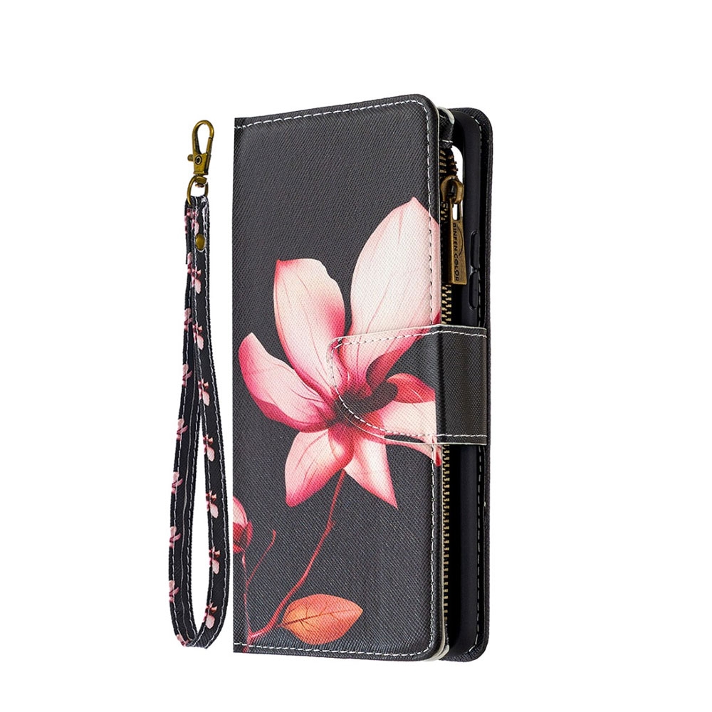 Image of Samsung Galaxy A42 5G Leder Wallet Etui Tasche mit 9 Kartenfächern + Münzfach - Pinke Blume bei Apfelkiste.ch