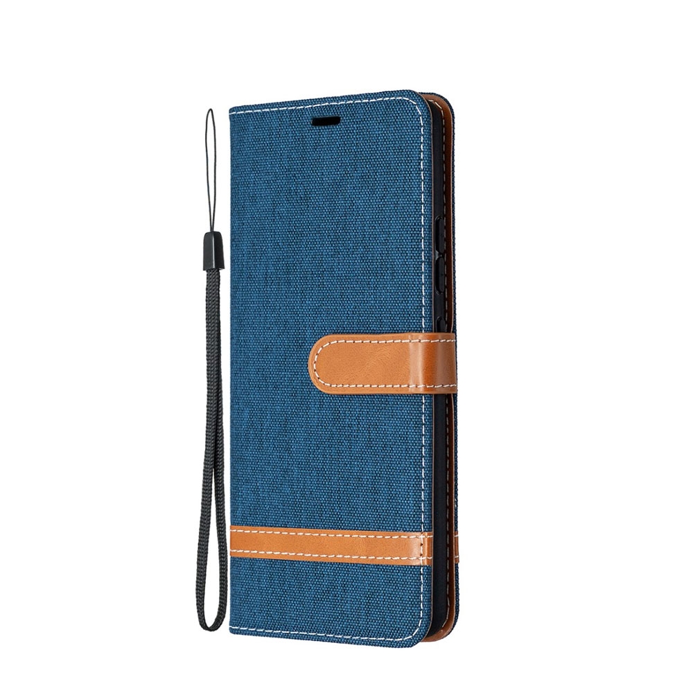 Image of Samsung Galaxy A42 5G Stoff Tasche im Jeans Look mit Kartenfach + Magnetverschluss - Dunkelblau / Braun bei Apfelkiste.ch