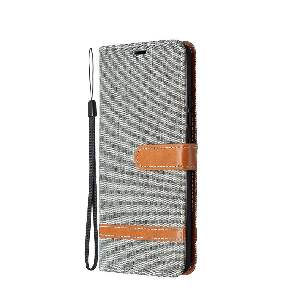 Image of Samsung Galaxy A42 5G Stoff Tasche im Jeans Look mit Kartenfach + Magnetverschluss - Grau / Braun bei Apfelkiste.ch