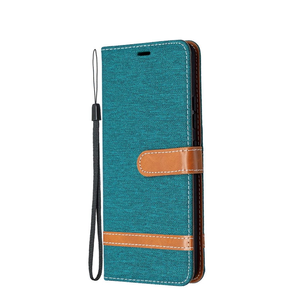 Image of Samsung Galaxy A42 5G Stoff Tasche im Jeans Look mit Kartenfach + Magnetverschluss - Grün / Braun bei Apfelkiste.ch