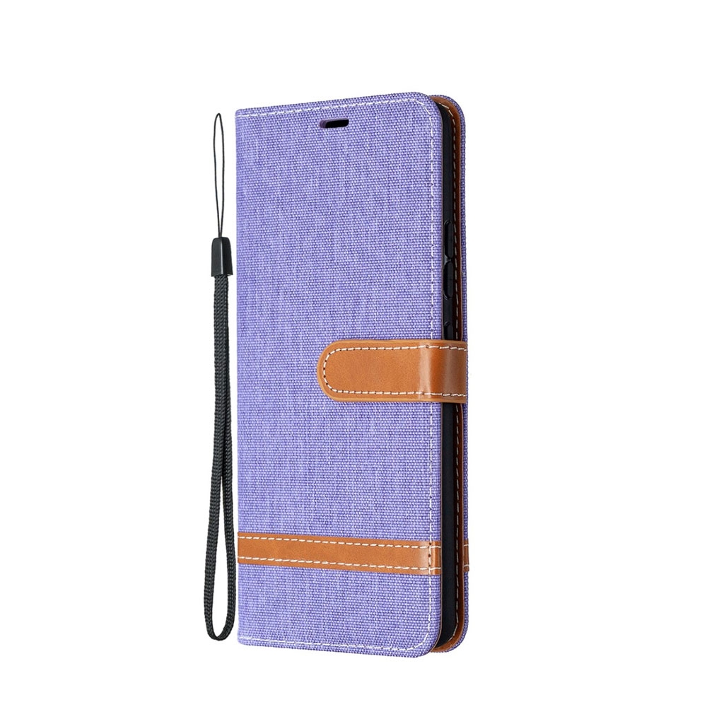 Image of Samsung Galaxy A42 5G Stoff Tasche im Jeans Look mit Kartenfach + Magnetverschluss - Lila / Braun bei Apfelkiste.ch