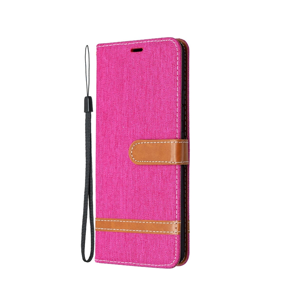 Image of Samsung Galaxy A42 5G Stoff Tasche im Jeans Look mit Kartenfach + Magnetverschluss - Pink / Braun bei Apfelkiste.ch