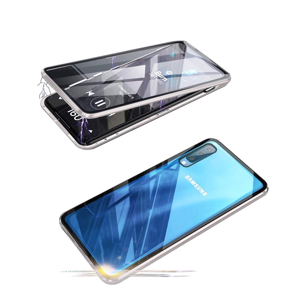Image of Samsung Galaxy A50 / A30s Magnetische Alu Schutzhülle mit Panzer Glas Backcover + Privacy Displayschutz (Magnet-Technologie) - Silber bei Apfelkiste.ch