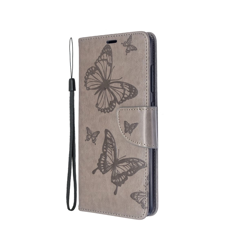 Image of Samsung Galaxy A51 (2019) Leder Tasche mit Kartenfach + Handschlaufe Schmetterling - Grau bei Apfelkiste.ch
