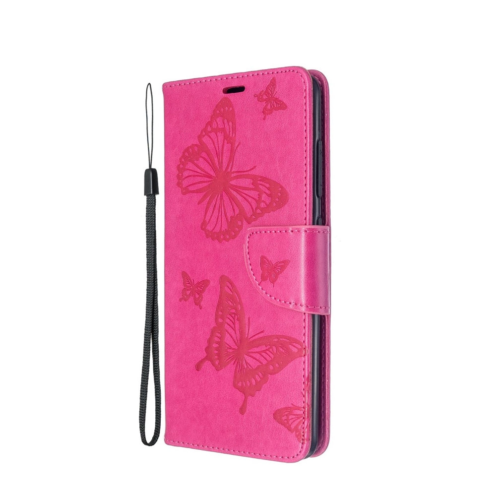 Image of Samsung Galaxy A51 (2019) Leder Tasche mit Kartenfach + Handschlaufe Schmetterling - Pink bei Apfelkiste.ch