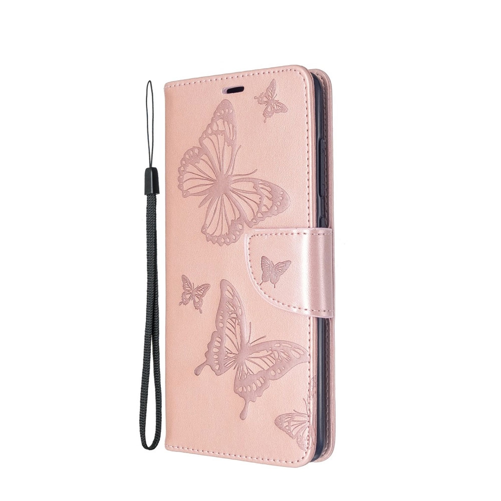 Image of Samsung Galaxy A51 (2019) Leder Tasche mit Kartenfach + Handschlaufe Schmetterling - Roségold bei Apfelkiste.ch