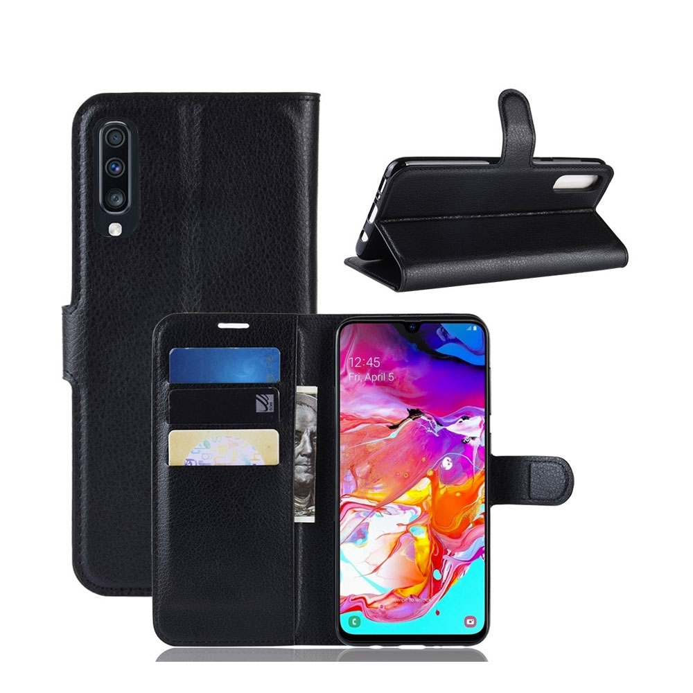 Image of Samsung Galaxy A70 Leder Tasche Flip Cover Litchi Look - Schwarz bei Apfelkiste.ch