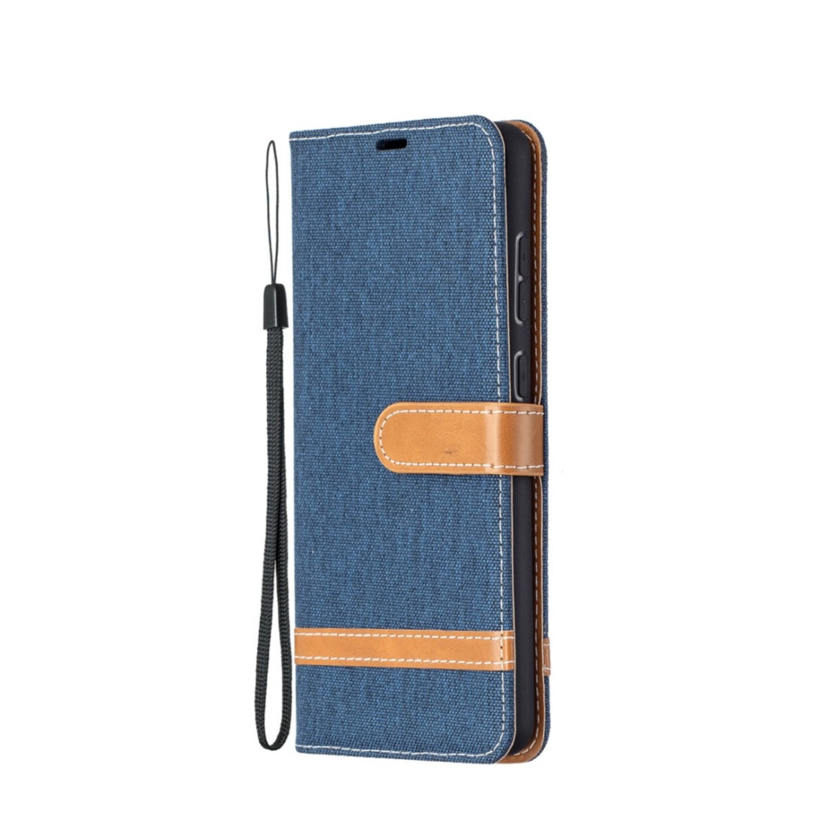 Image of Samsung Galaxy A72 / A72 5G Stoff Tasche im Jeans Look mit Kartenfach + Magnetverschluss - Dunkelblau / Braun bei Apfelkiste.ch