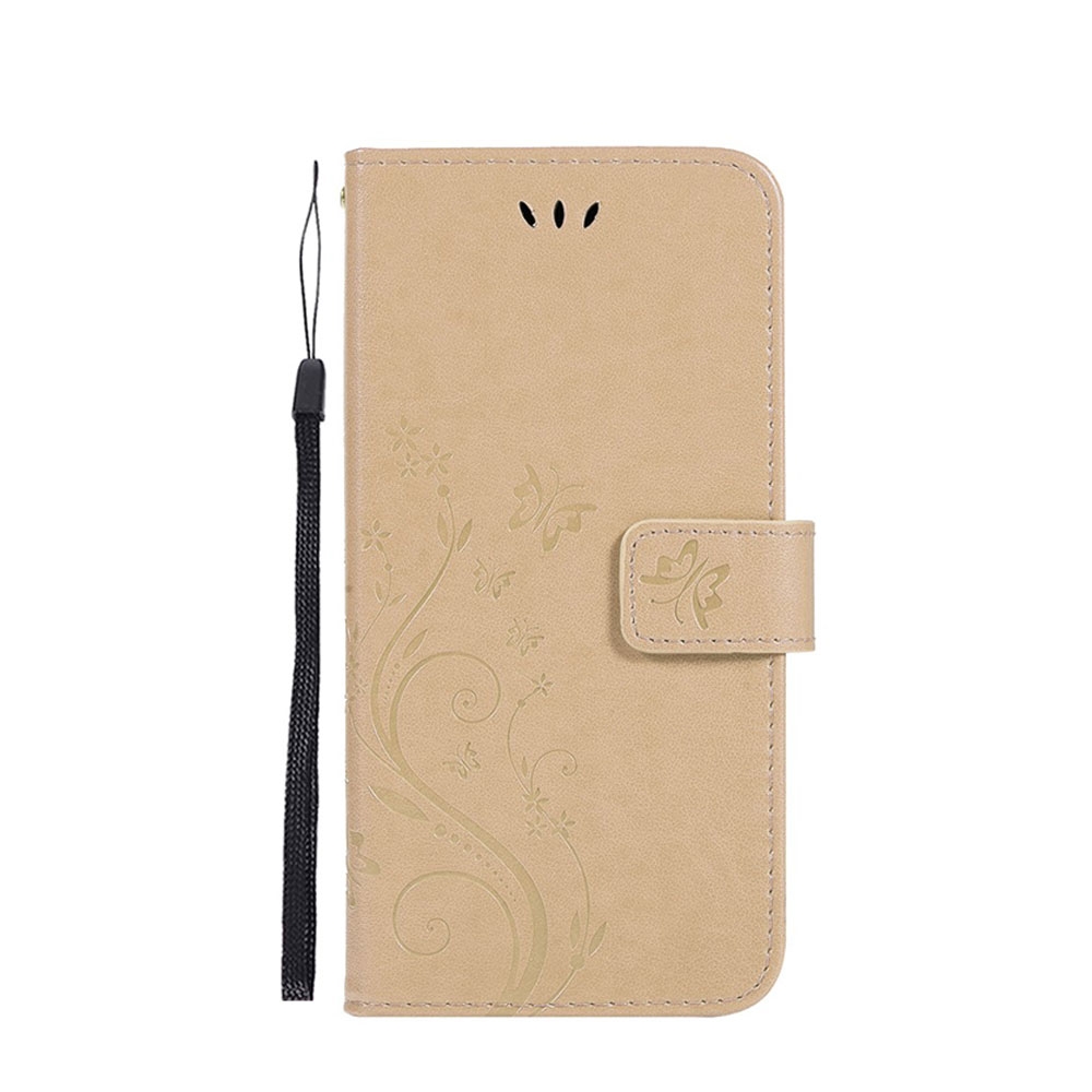 Samsung Galaxy S10+ Plus Leder Tasche mit Kartenfach + Handschlaufe Butterfly Flowers - Gold