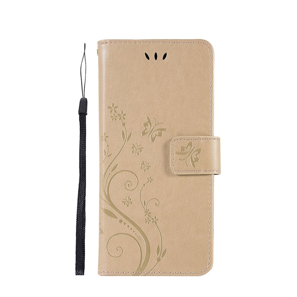 Samsung Galaxy S10e Leder Tasche mit Kartenfach + Handschlaufe Butterfly Flowers - Gold