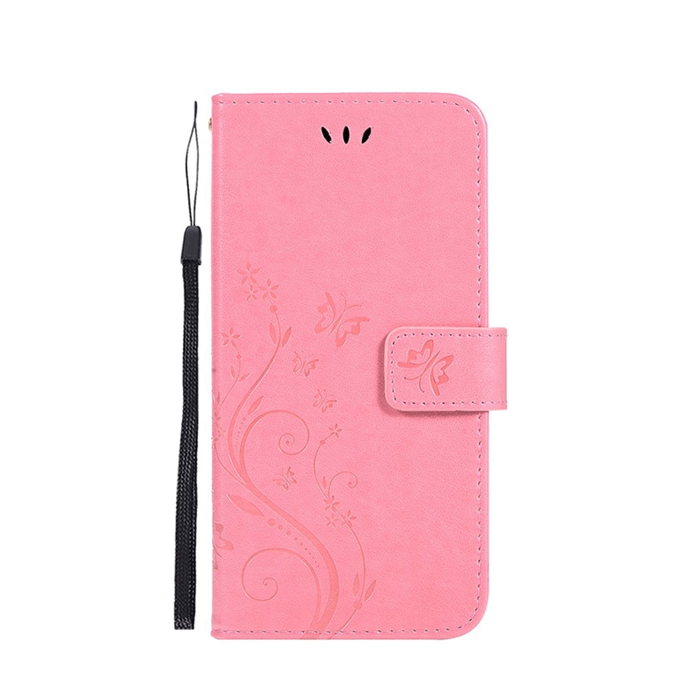Samsung Galaxy S10e Leder Tasche mit Kartenfach + Handschlaufe Butterfly Flowers - Rosa