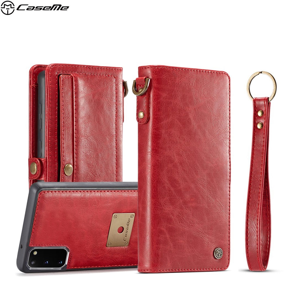 Samsung Galaxy S20 / S20 5G 3in1 Echtleder Wallet Tasche + Magnet Hülle Karten Etui + Trageschlaufe - Rot