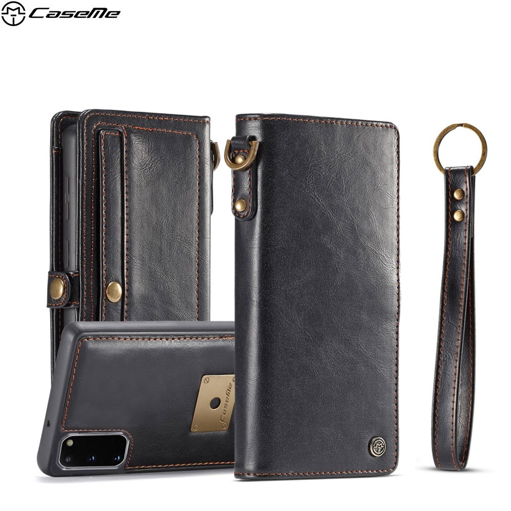 Samsung Galaxy S20 / S20 5G 3in1 Echtleder Wallet Tasche + Magnet Hülle Karten Etui + Trageschlaufe - Schwarz