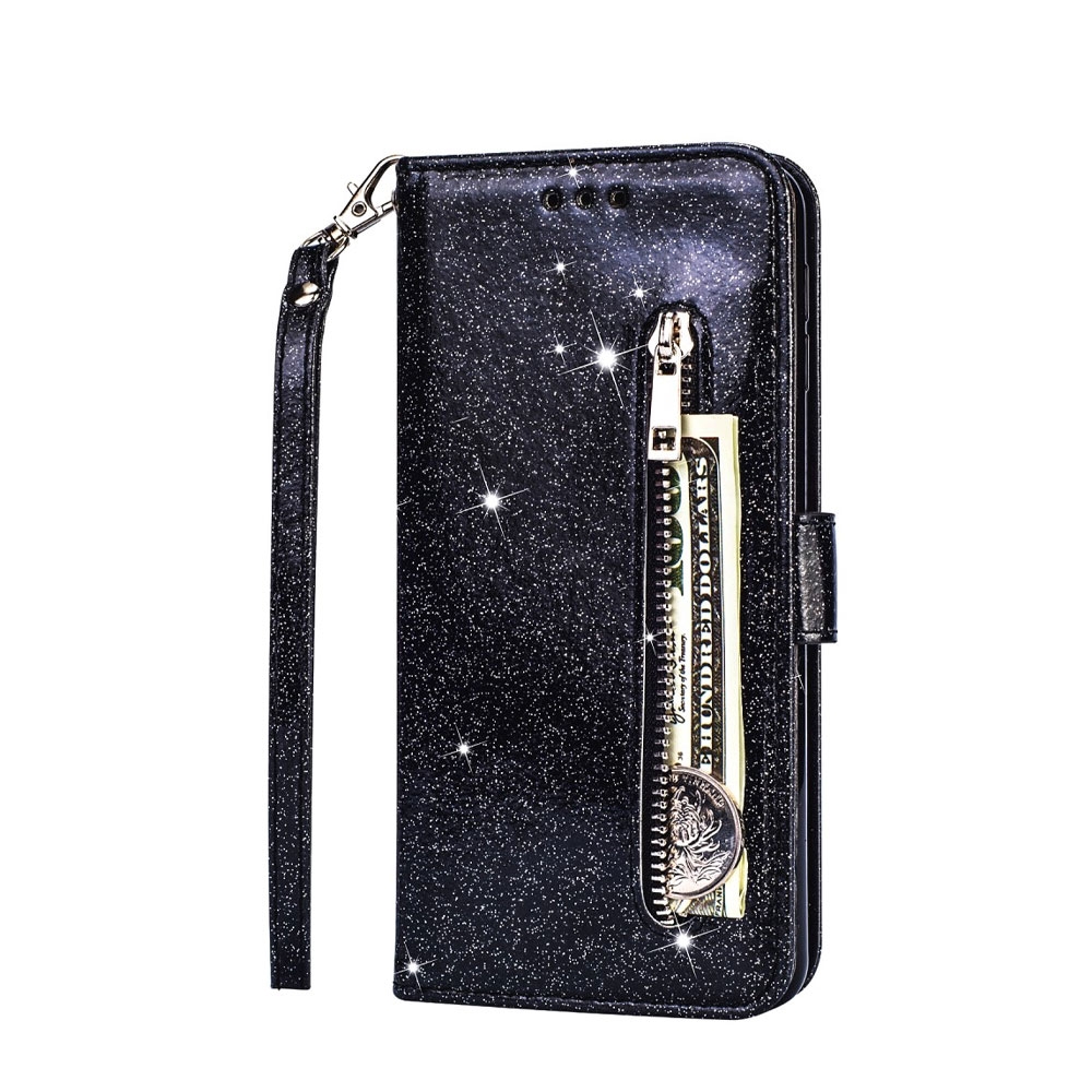 Image of Samsung Galaxy S20 / S20 5G Leder Tasche Flip Cover mit Reissverschluss im Glitzer Look - Schwarz bei Apfelkiste.ch