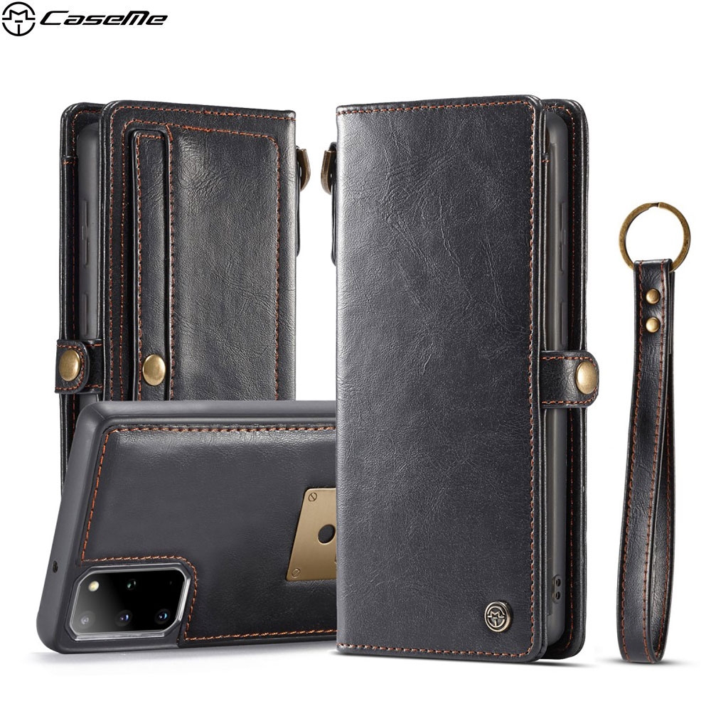 Samsung Galaxy S20+ Plus / S20+ Plus 5G 3in1 Echtleder Wallet Tasche + Magnet Hülle Karten Etui + Trageschlaufe - Schwarz