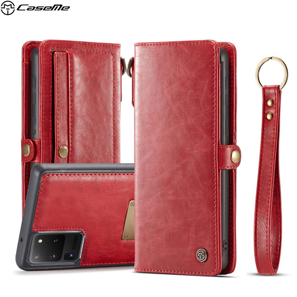 Samsung Galaxy S20 Ultra / S20 Ultra 5G 3in1 Echtleder Wallet Tasche + Magnet Hülle Karten Etui + Trageschlaufe - Rot