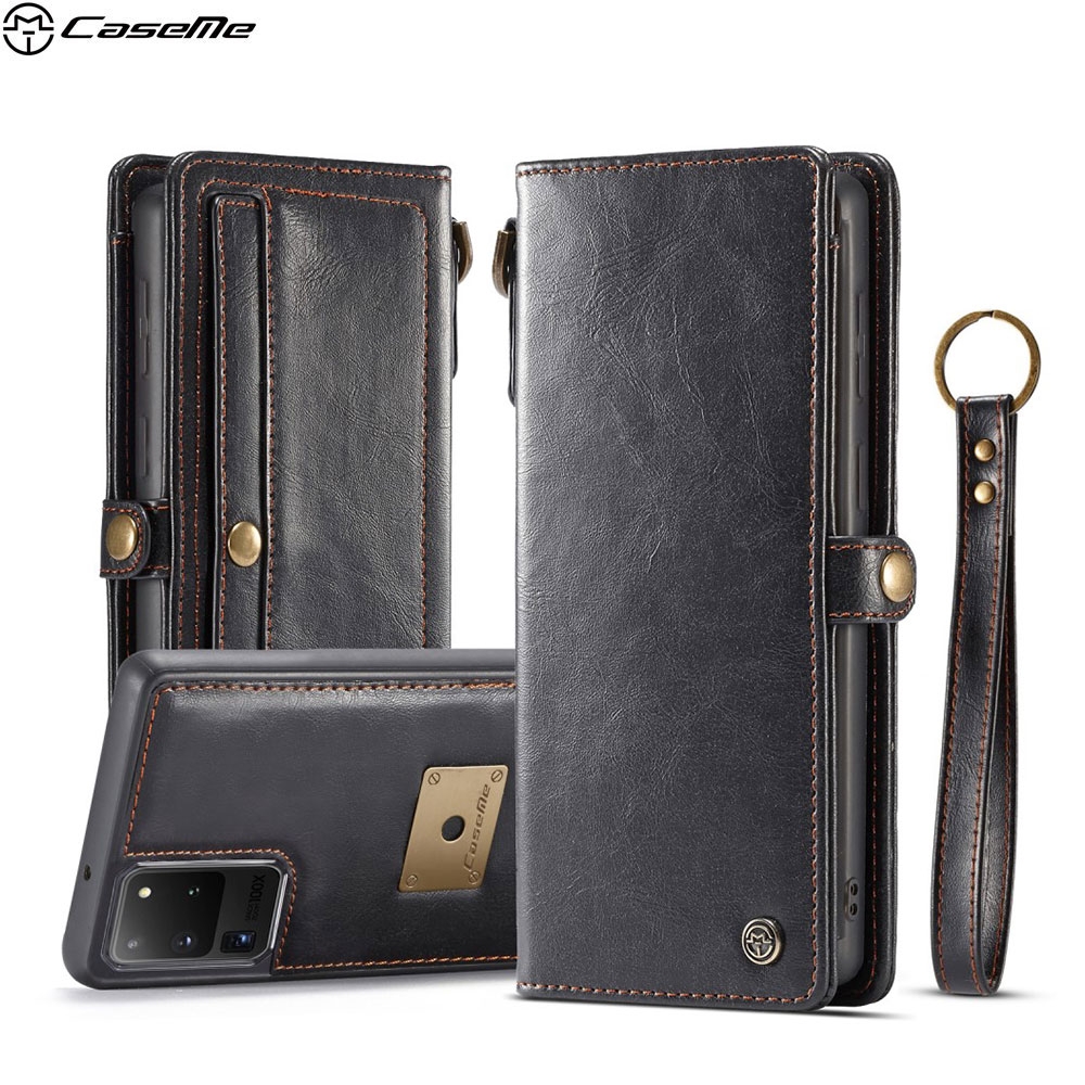 Samsung Galaxy S20 Ultra / S20 Ultra 5G 3in1 Echtleder Wallet Tasche + Magnet Hülle Karten Etui + Trageschlaufe - Schwarz