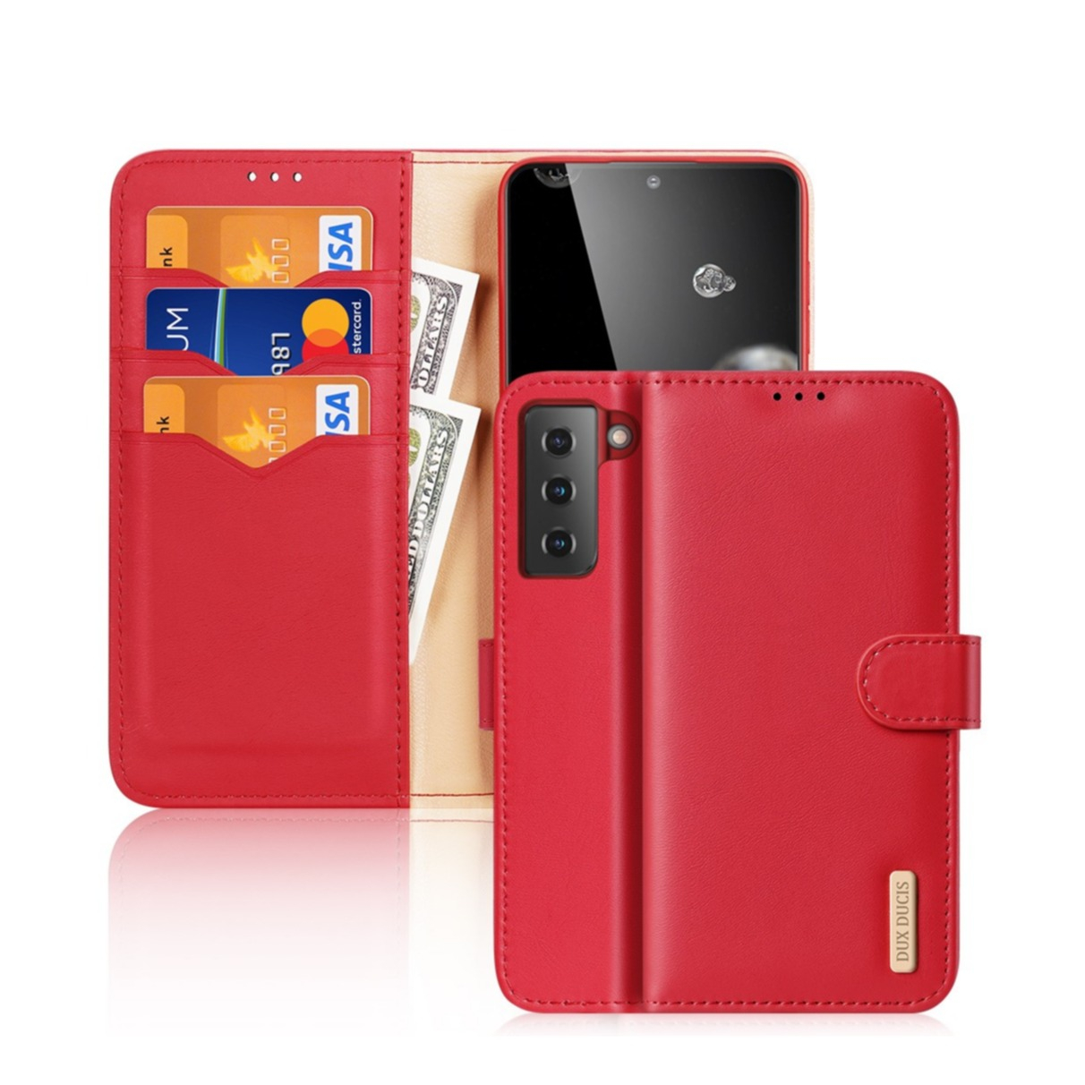 Image of Dux Ducis - Samsung Galaxy S21 5G Flip Wallet Cover Echtleder Tasche (RFID Schutz) - Rot bei Apfelkiste.ch