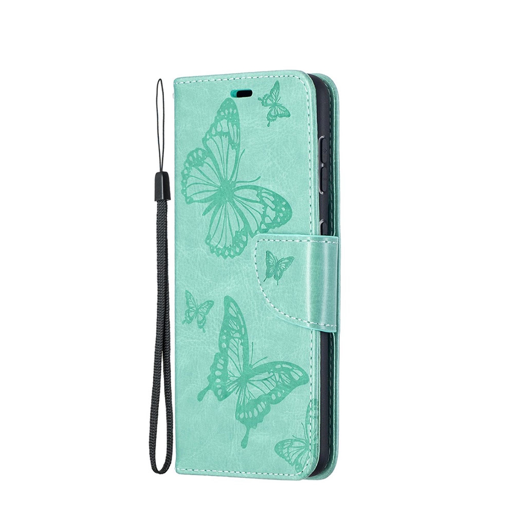 Image of Samsung Galaxy S21 5G Leder Tasche mit Kartenfach + Handschlaufe Schmetterling - Türkis bei Apfelkiste.ch