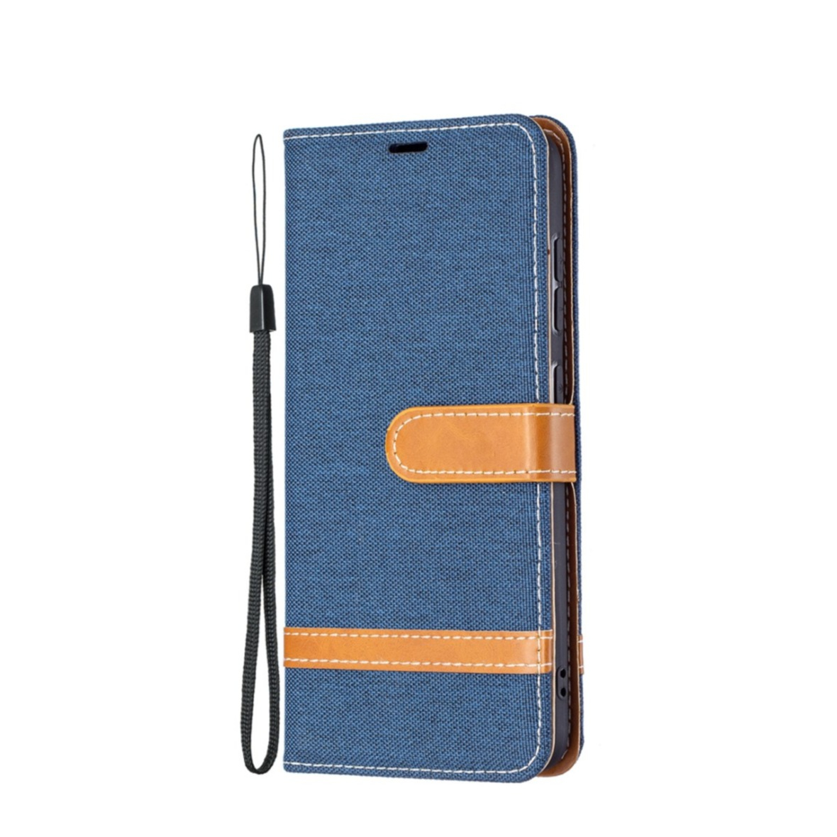 Image of Samsung Galaxy S21 FE 5G Stoff Tasche im Jeans Look mit Kartenfach + Magnetverschluss - Dunkelblau / Braun bei Apfelkiste.ch