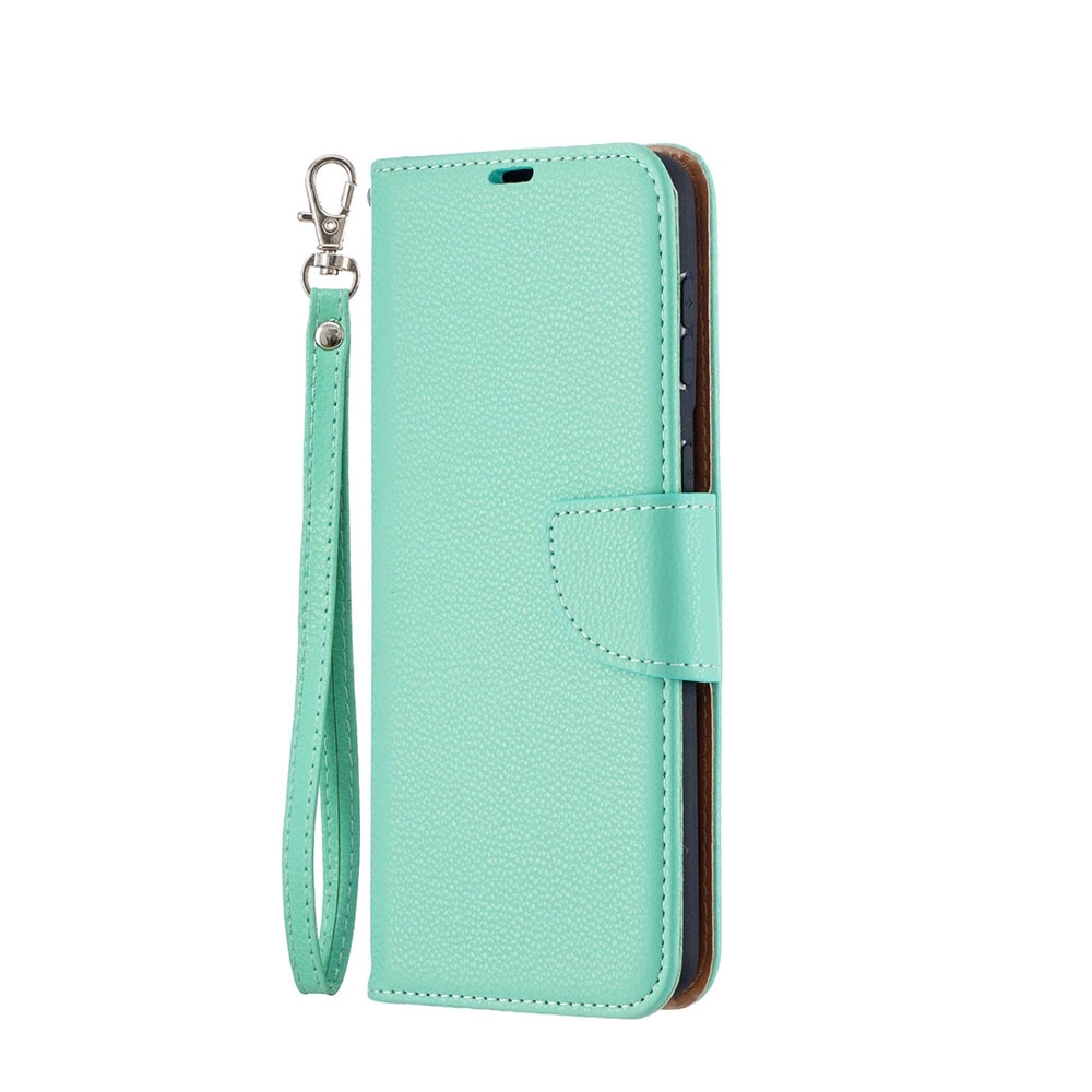 Image of Samsung Galaxy S21+ Plus 5G Leder Tasche Flip Cover im Litchi Look mit Kartenfach + Handschlaufe - Türkis bei Apfelkiste.ch