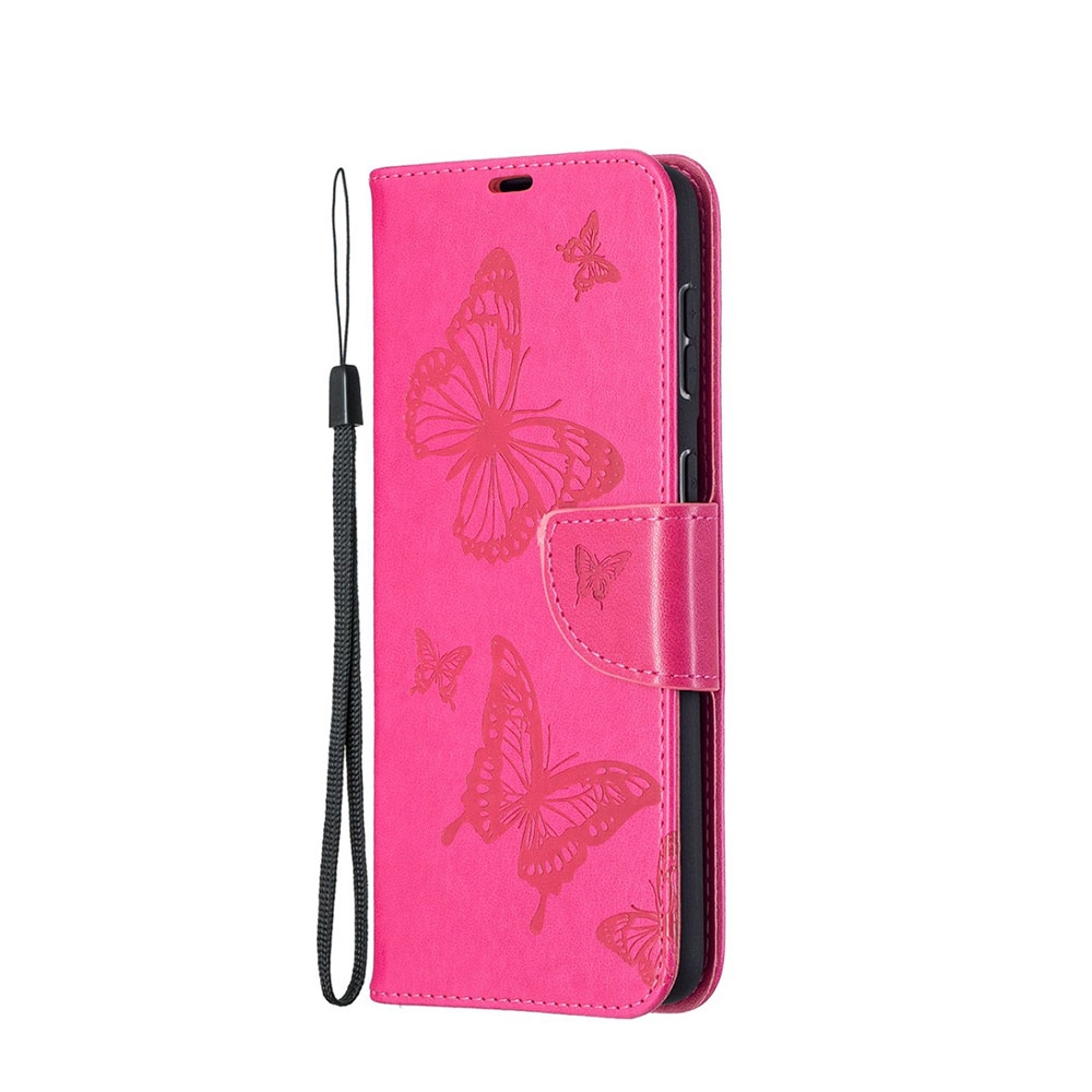 Image of Samsung Galaxy S21+ Plus 5G Leder Tasche mit Kartenfach + Handschlaufe Schmetterling - Pink bei Apfelkiste.ch