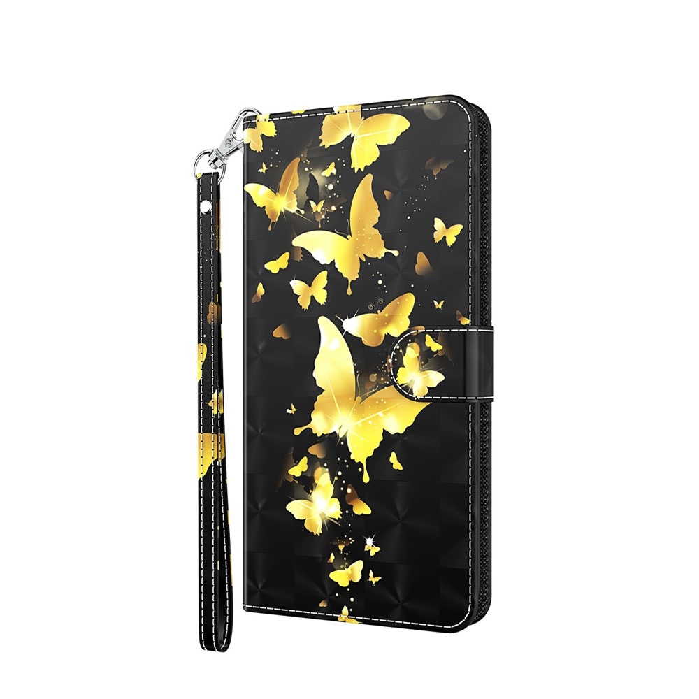 Image of Samsung Galaxy S21+ Plus 5G Leder Tasche mit Kartenfach + Handschlaufe - Schmetterling (Schwarz / Gold) bei Apfelkiste.ch