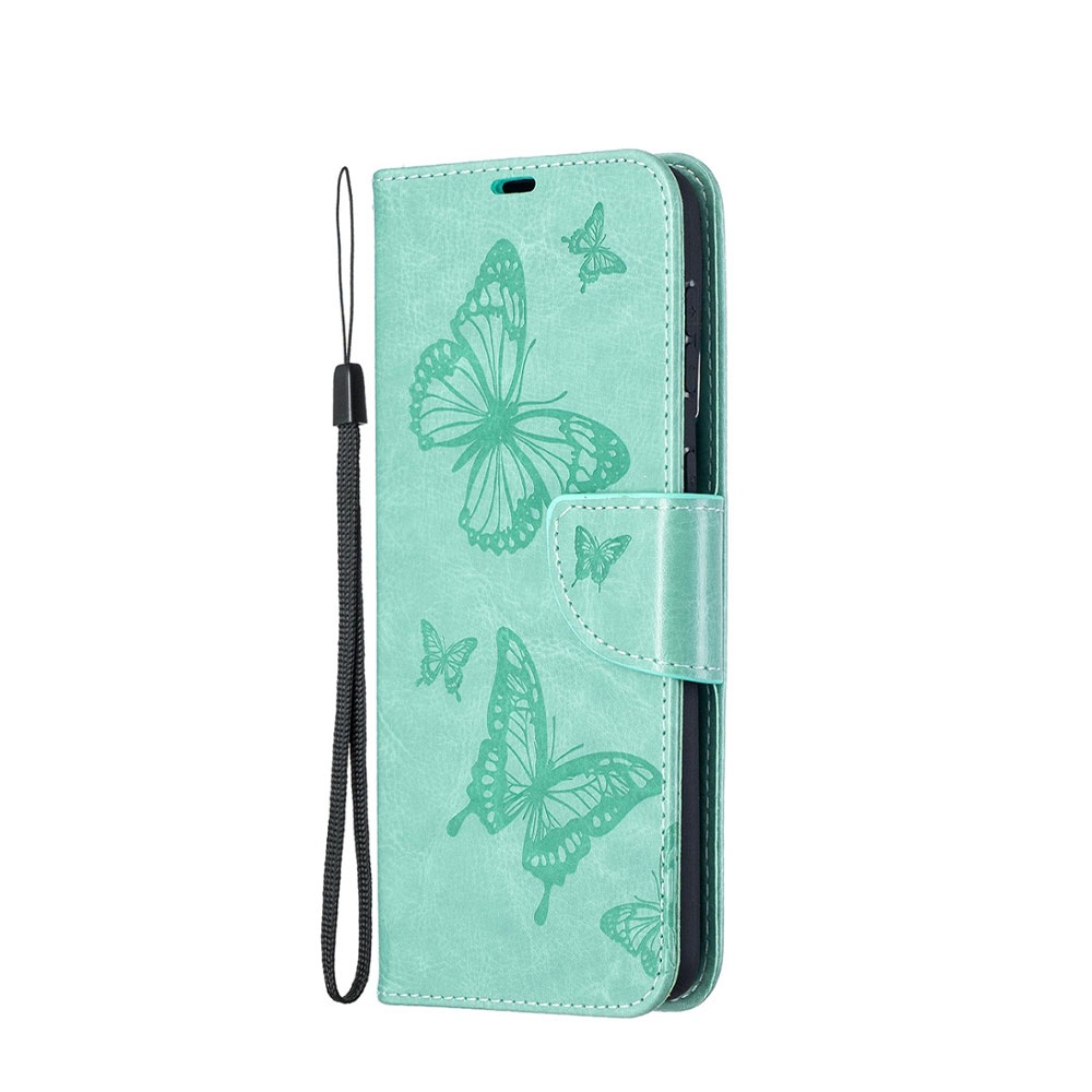 Image of Samsung Galaxy S21+ Plus 5G Leder Tasche mit Kartenfach + Handschlaufe Schmetterling - Türkis bei Apfelkiste.ch