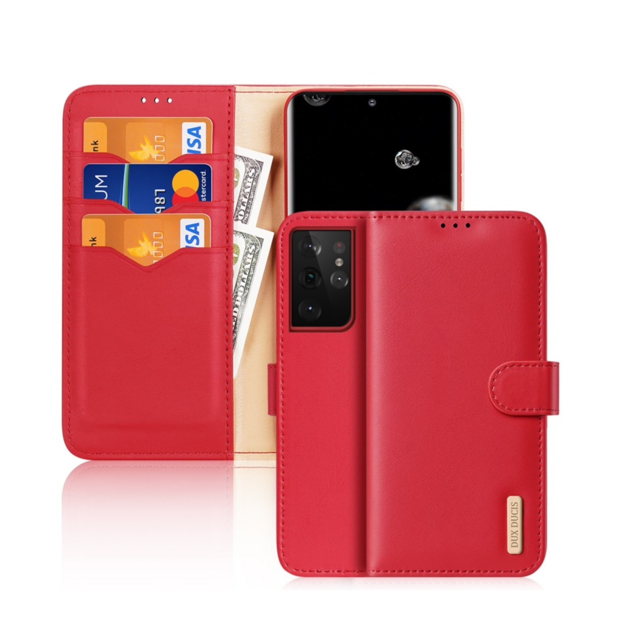 Image of Dux Ducis - Samsung Galaxy S21 Ultra 5G Flip Wallet Cover Echtleder Tasche (RFID Schutz) - Rot bei Apfelkiste.ch
