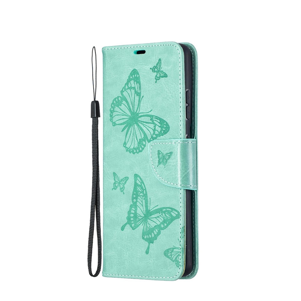 Image of Samsung Galaxy S21 Ultra 5G Leder Tasche mit Kartenfach + Handschlaufe Schmetterling - Türkis bei Apfelkiste.ch