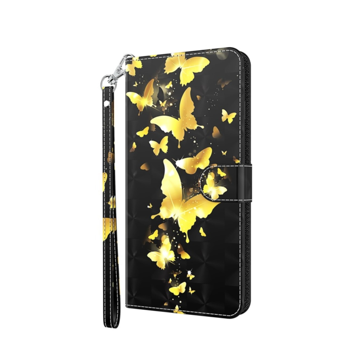 Image of Samsung Galaxy S22+ Plus 5G Leder Tasche mit Kartenfach + Handschlaufe - Schmetterling (Schwarz / Gold) bei Apfelkiste.ch